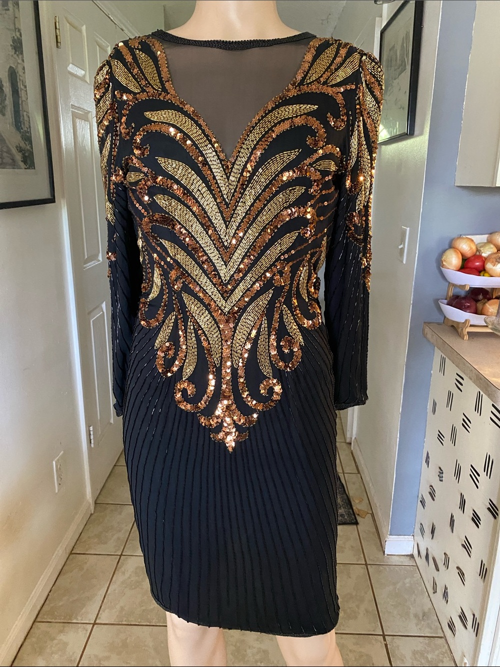 A.J. Bari Vintage Silk Black and Gold Sequin Long Sleeve Sheath Dress